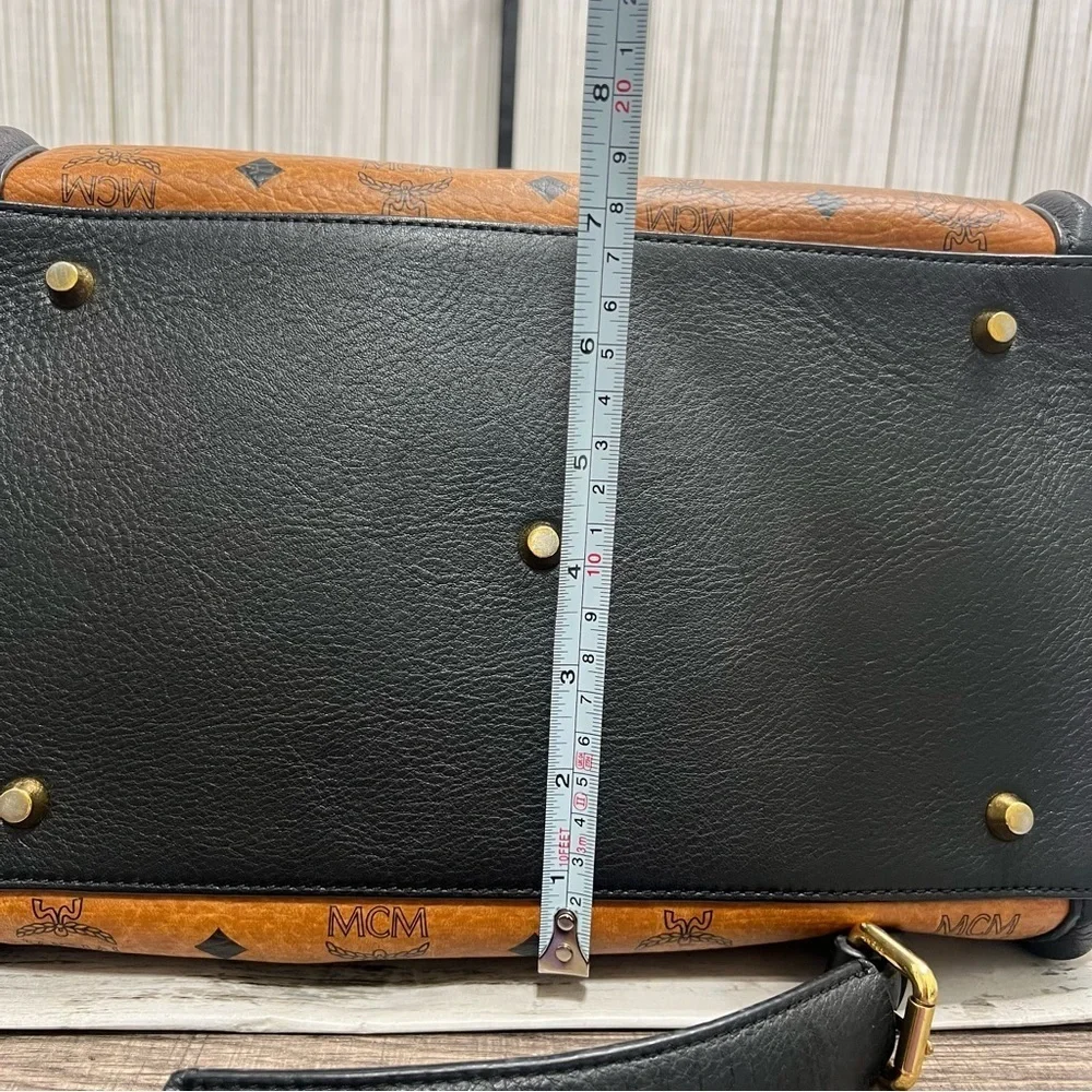 MCM Vintage Cognac Visetos Tote Bag Black Leather Trim Satchel Handbag